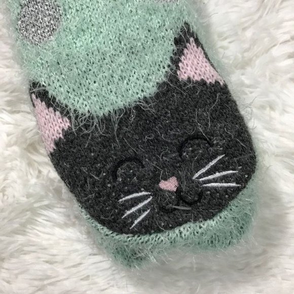 NWOT Faux Eyelash Angora Sherpa Sparkle Dot Mint Charcoal Kitty Cabin Socks - Picture 3 of 6